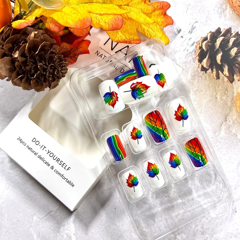 CJDLTS Thanksgiving Press on Nails Medium Square Gradient Maple Leaf False Nail Full Cover Glossy Fall Stick on Nails Colorful Stripes Leaf Design Artificial Fingernails Festival Glue on Nails for Women - Image 5
